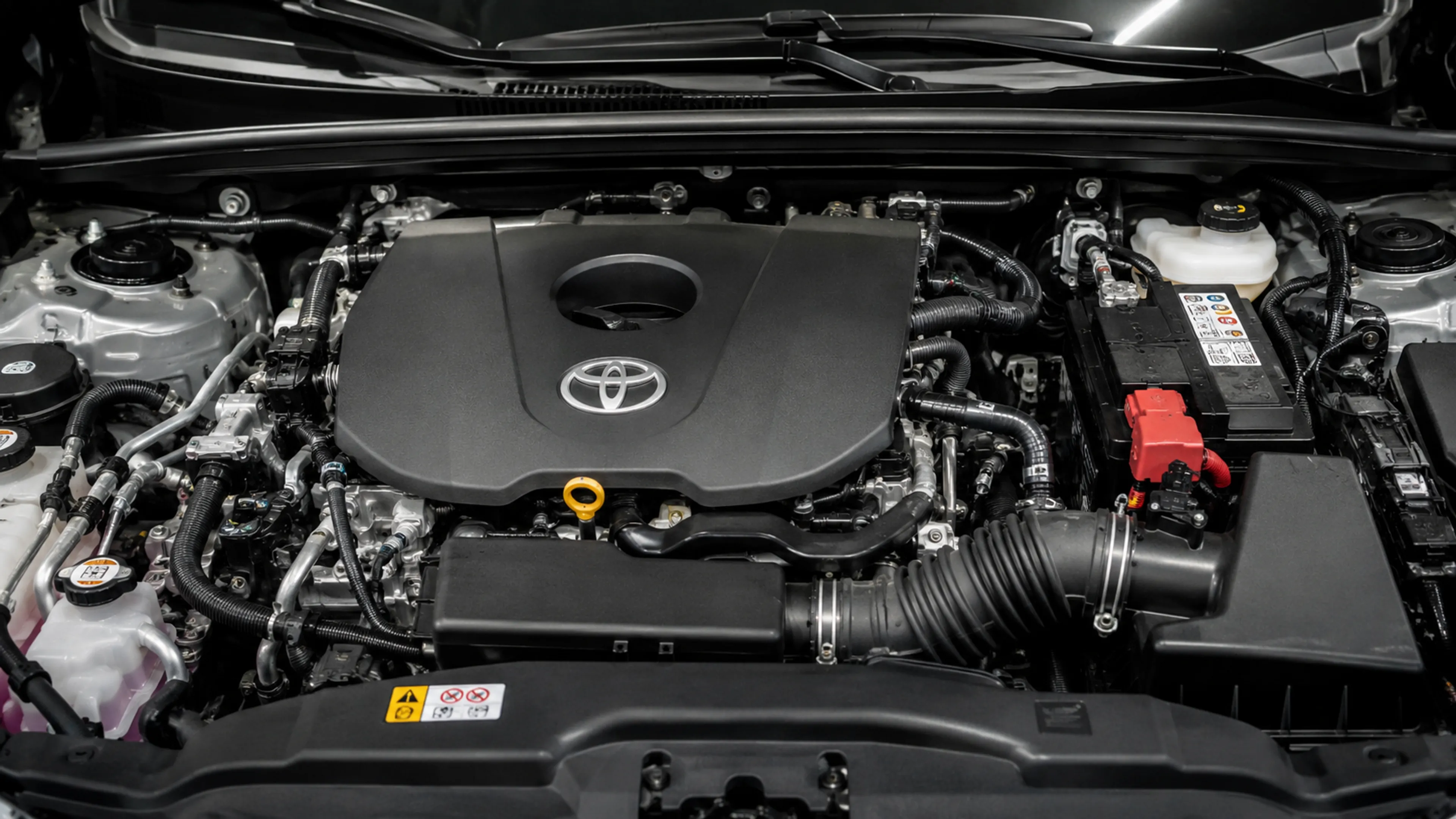 Under the hood of a Toyota vehicle showing the engine compartment.