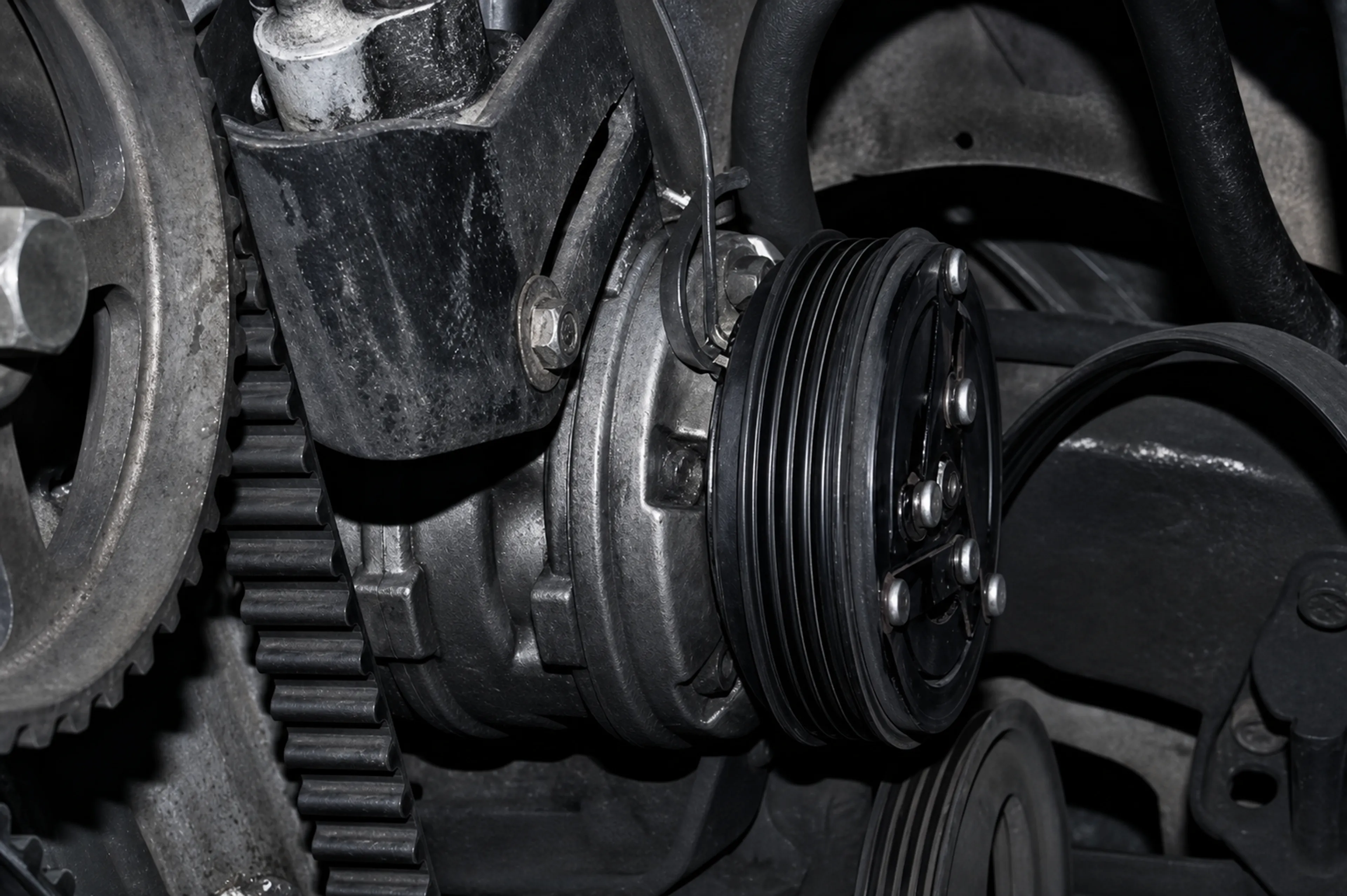 Close-up of a car AC compressor pulley and belt connected inside the engine bay.
